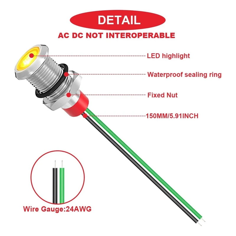 10Pcs 8Mm AC 110V 120V 220V 20Ma Red/Yellow/Blue/Green/White LED Indicator Light Waterproof Metal Indicator Signal Lamp