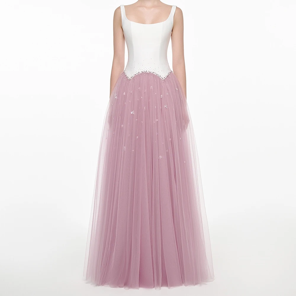 

Customized A-line Evening Dresses Floor-length Scoop-neck Sleeveless Prom Gown Fashion Crystal Sequined Simple Draped Party Gown