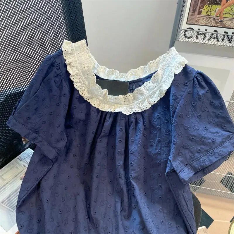 Chemisier à lacets en dentelle à manches bulles bleu marine pour étudiante, petit haut polyvalent de style coréen doux et doux