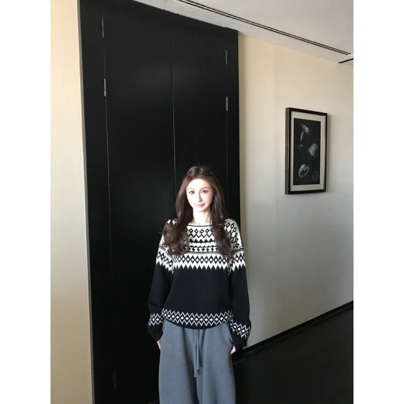 Womens Boat Neck Fair Isle Jacquard Sweater Lazy Style Long Sleeve Pullover Top for Autumn Winter