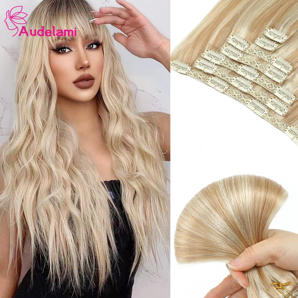 Audelami-clipe em extensões de cabelo para mulheres, extensões de cabelo remy retas, extensão do cabelo real, 14-28in, 100% natural, 7PCs por conjunto