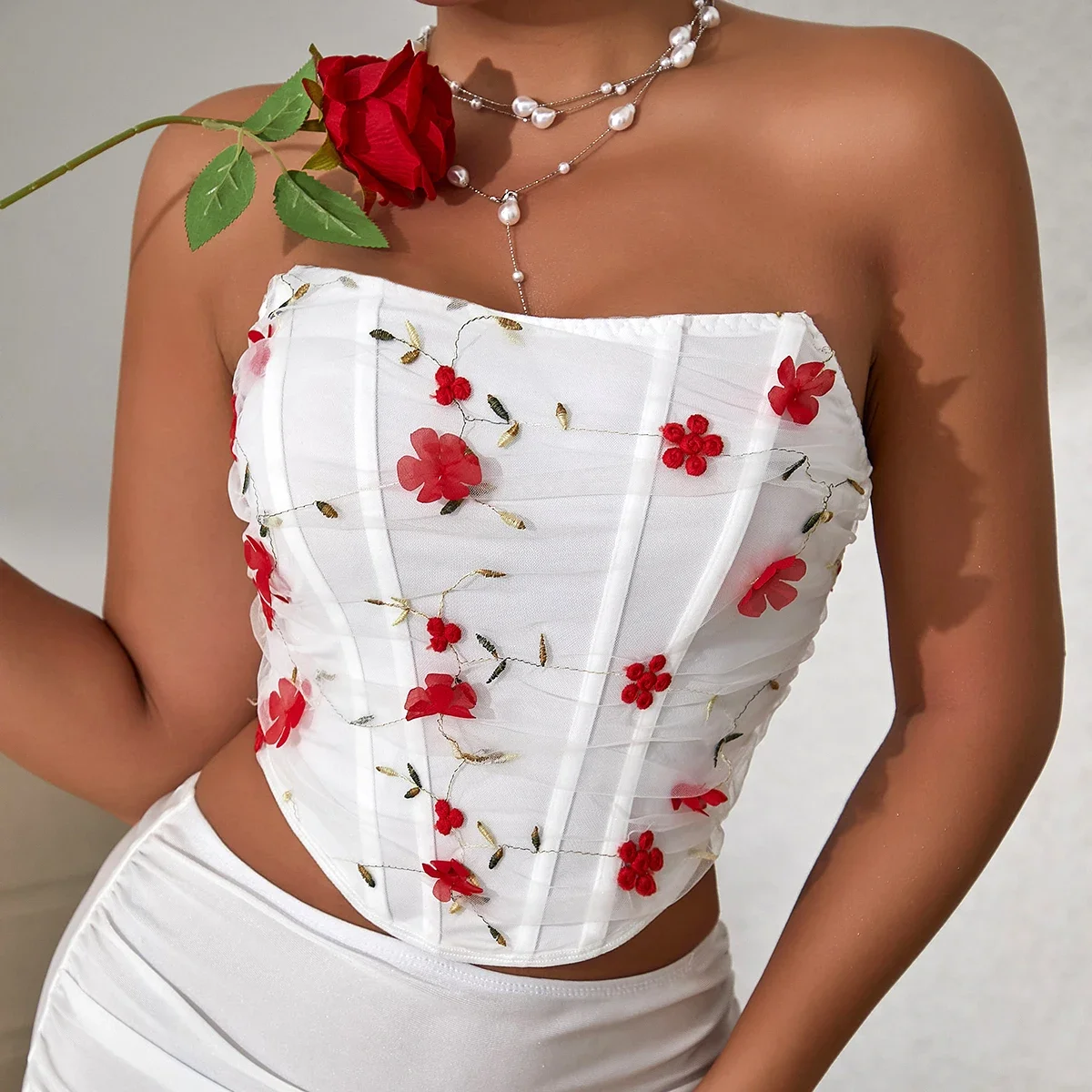 Bare shoulder Sexy Embroidery Tube Tops Open Back Boned Corset Women Sleeveless Tanks Bustier Strapless Lingerie Camis Chic Vest