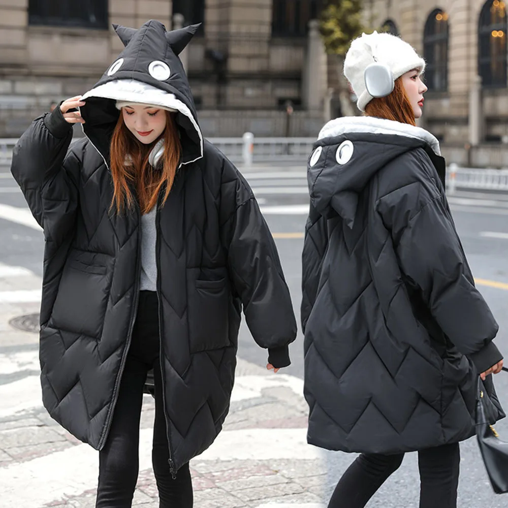 Winter Contrast Color Parkas Women Fashion Cartoon Hooded Clothes for Men Women Couples Mid-Long Loose Cotton Padded Jacket Coat