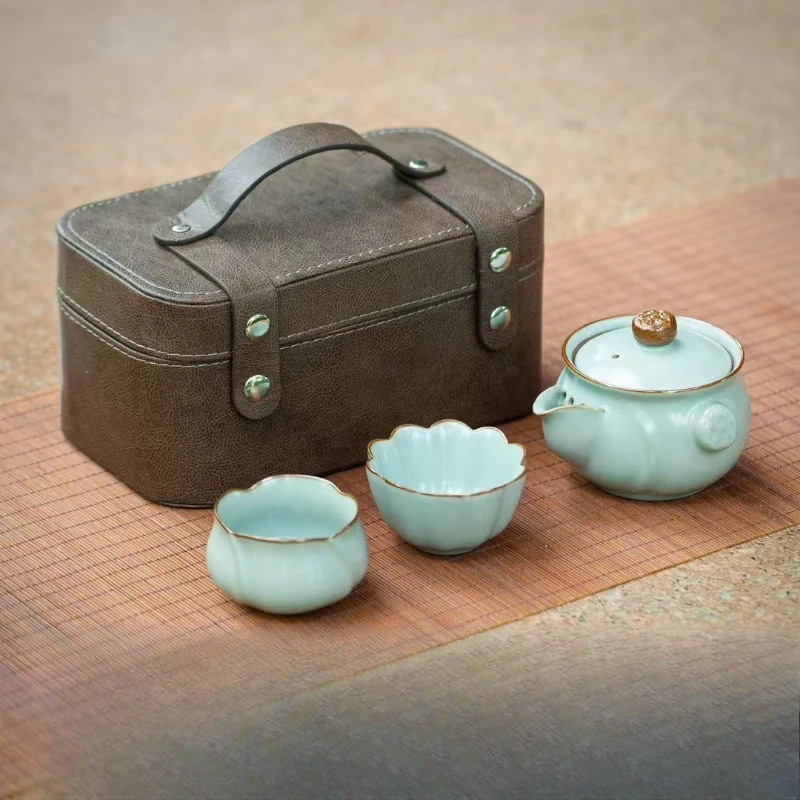 

LMM Ru Kiln Portable Travel Tea Set One Pot Two Cups Portable Kuaike Cup Brewing Teapot
