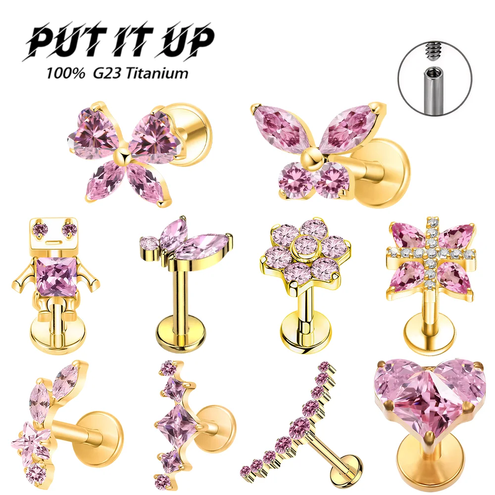 PUTITUP G23 Titanium Piercing Stud Pink Zircon Butterfly Flower Heart Internally Threaded Lip Ring Ear Cartilage Jewelry