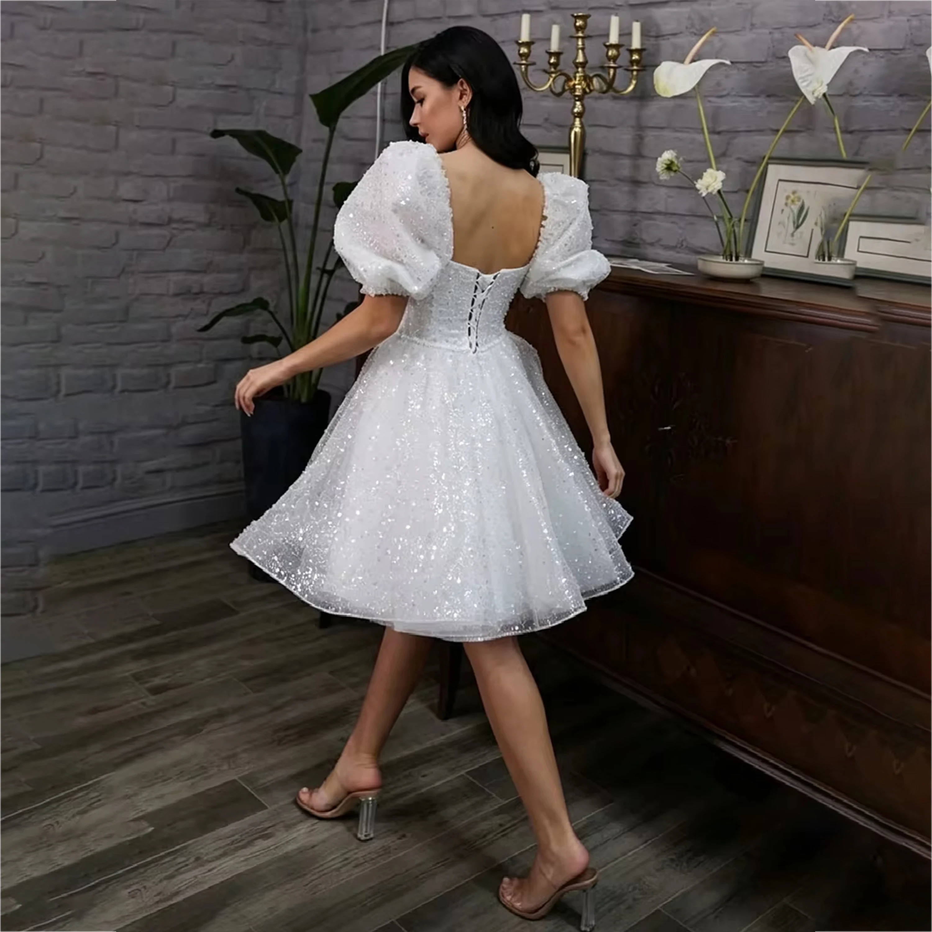 Sparkle Sequin Wedding Dresses For Women Puff Sleeve A-line Short Bridal Gown Puffy Sexy Bride Dress vestido de novia Customized