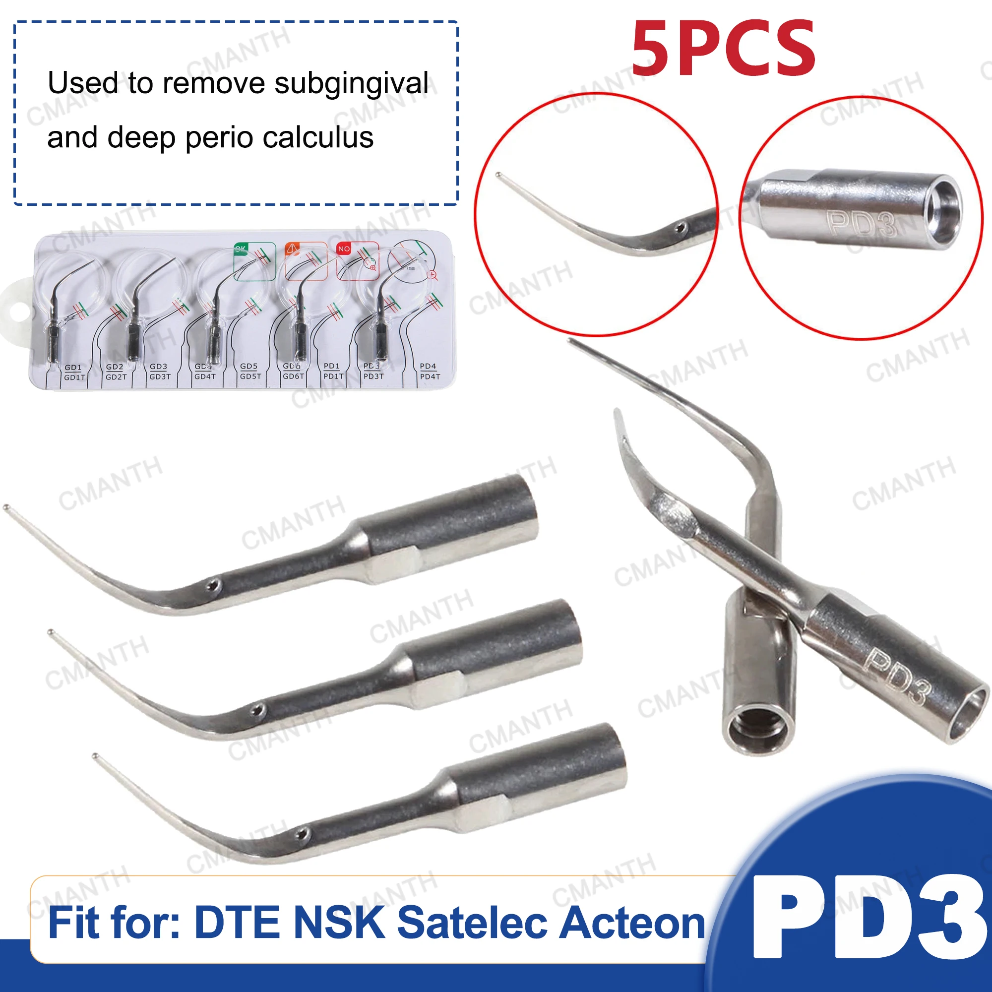 PD3 Dental Ultrasonic Scaler Tip Perio Scaling Tips Fit for DTE NSK Satelec Acteon Handpiece 5pcs/Pack Tooth Whitening