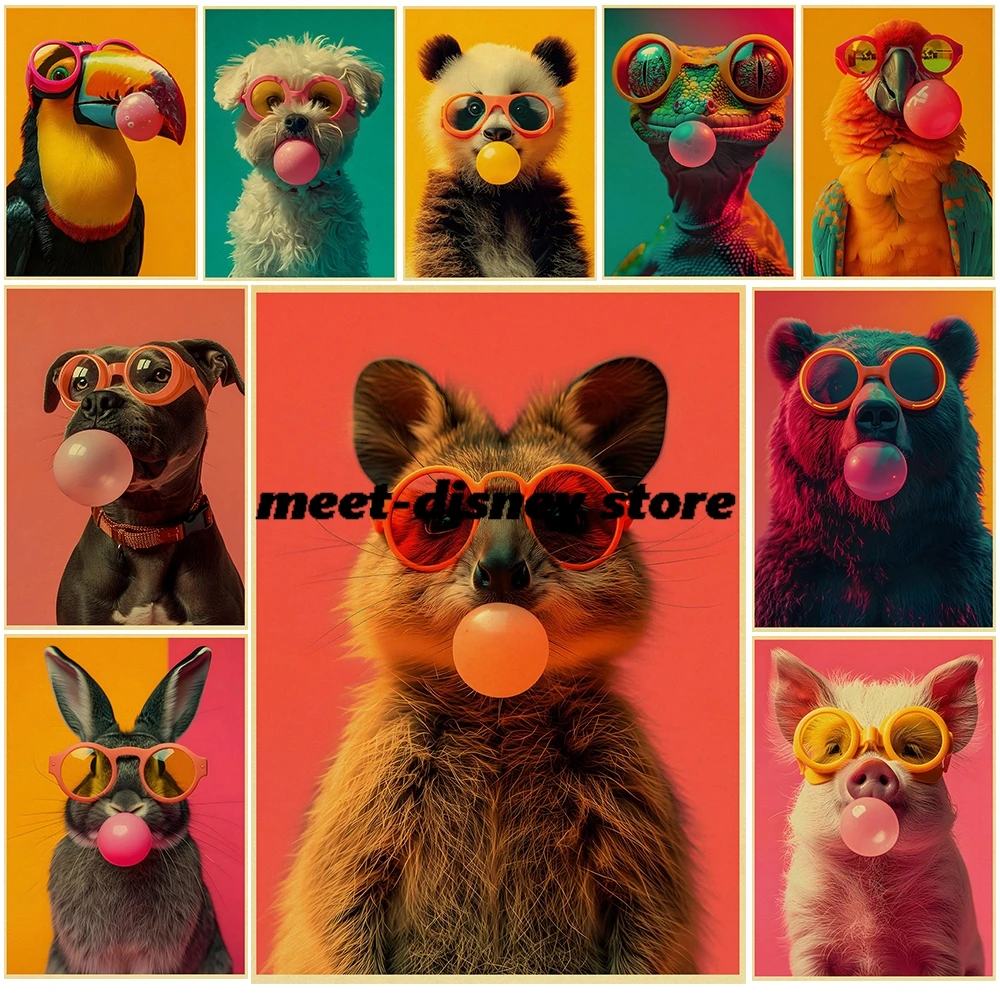 Kraft Paper Posters Colorful Animals With Pink Bubbles Print Landscape Wall Living Home Decoration Chambre Casual Poster