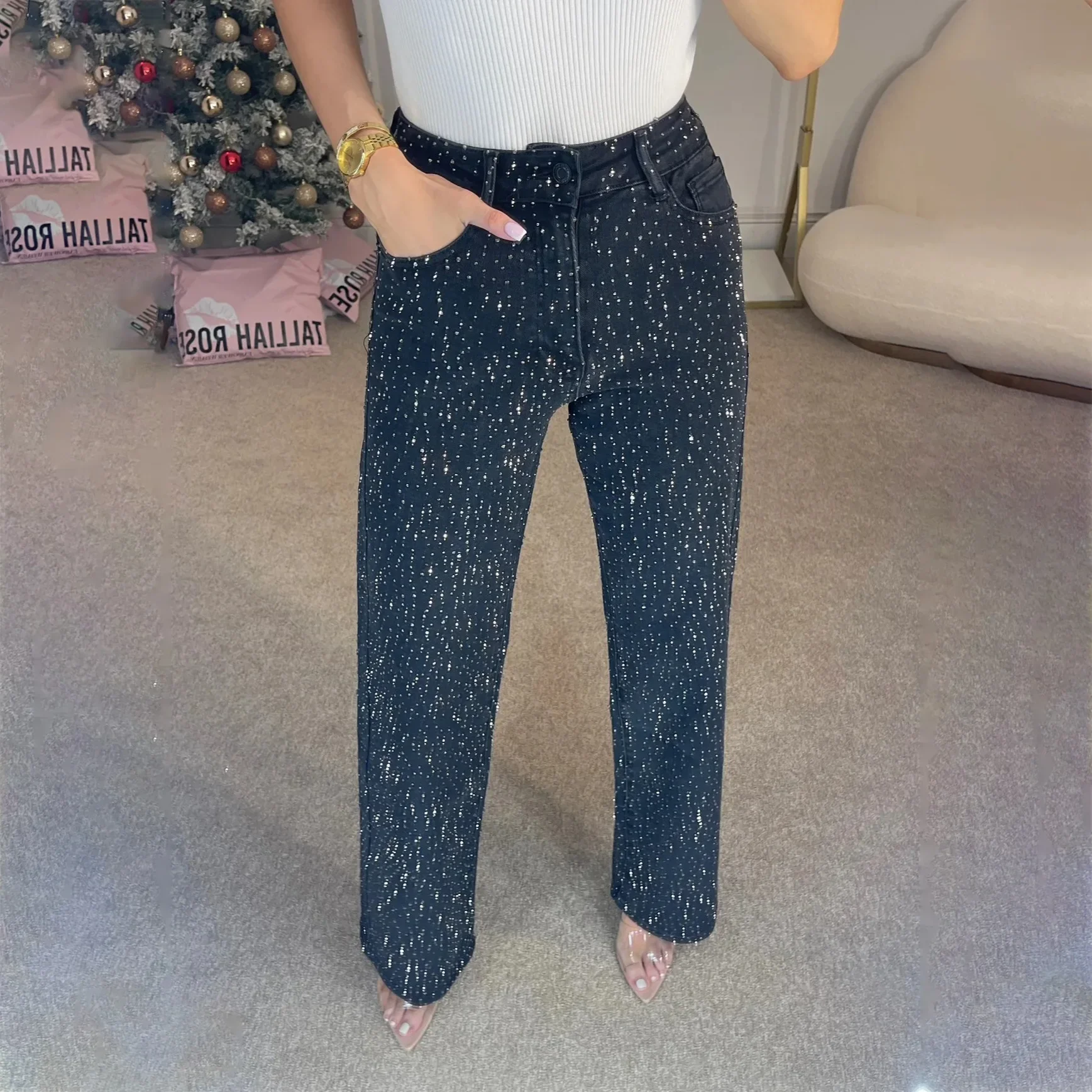 

Fashion Rhinestone Denim Pants Women Solid High Waist Zipper Button Loose Jeans Female 2025 High Street Straight Trousers Lady