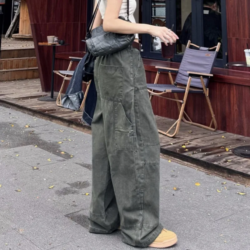 Cargo Pants Women Casual Basic Solid Simple All-match Hip-hop Wide Leg Mopping Slender American Retro Streetwear Pockets Chic