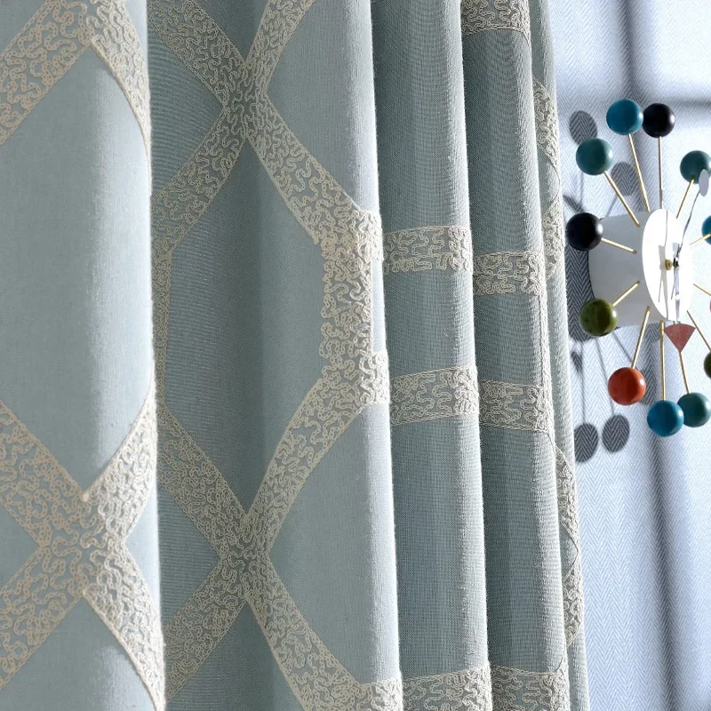 Modern Simple Embroidered Tulle Light Blue Camel Semi-blackout Window Curtains for Living Dining Room Bedroom Study Hotel Home