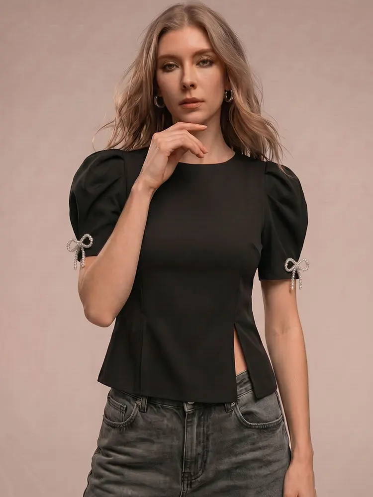 HH Elegantes Schwarzes Puffärmel-Shirt mit Schleife und O-Ausschnitt für Damen, Sommerliches Casual-Mode-Oberteil im Vintage-Stil