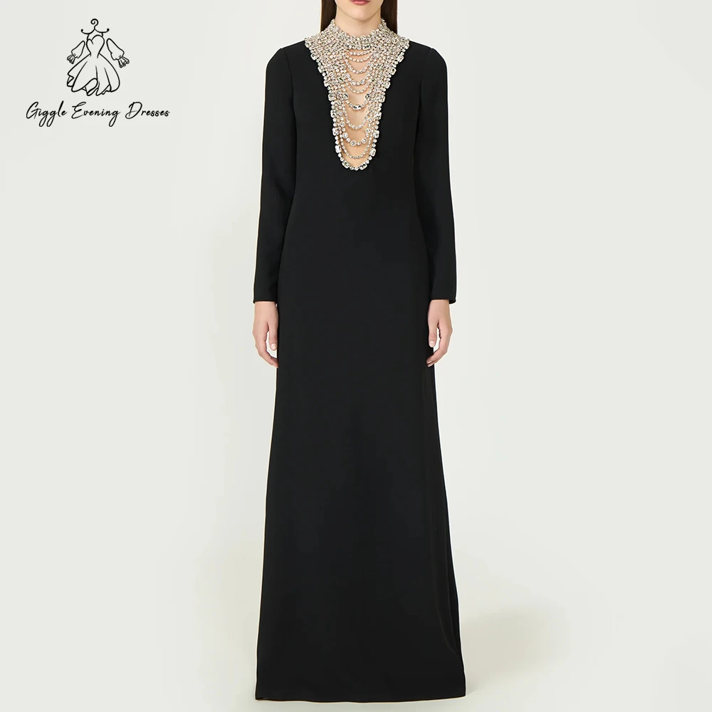 

Black Mermaid Evening Dress Crystal Beaded High Collar Long Sleeves Elegant Formal Gown Floor Length Prom Party Dress Customized
