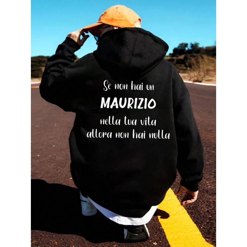 Sweat à capuche noir imprimé pour hommes, Design de texte Maurizio, en coton de haute qualité, tenue de rue décontractée pour un usage quotidien et les voyages