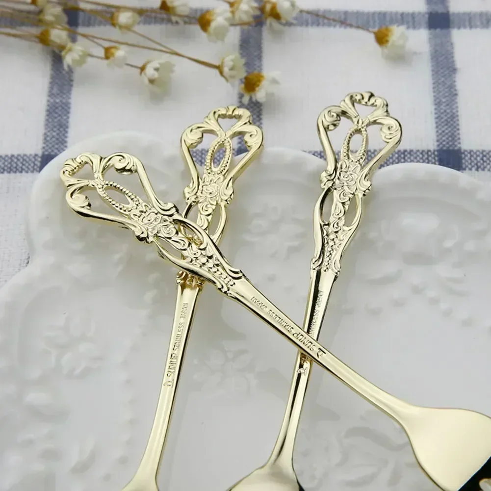 1 Pair Vintage Gold Spoon Fork Cutlery Set Stainless Steel Luxury Dessert Spoon For Desserts Coffee Souvenirs 12.6CM/12.9CM