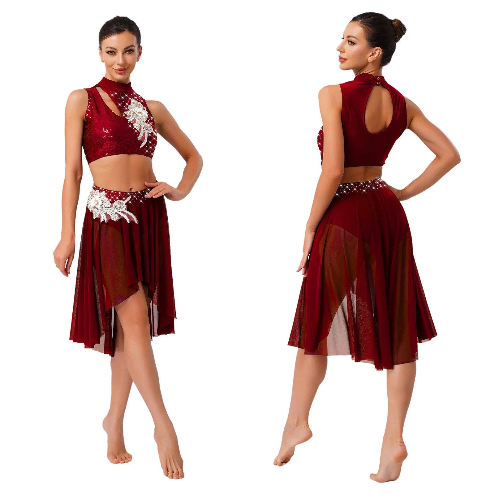 Womens Elegant Lyrical Dance Costume Set Sleeveless Embroidery Crop Top & Applique High-Waist Skirt Hollow Out Belly Dance Wear
