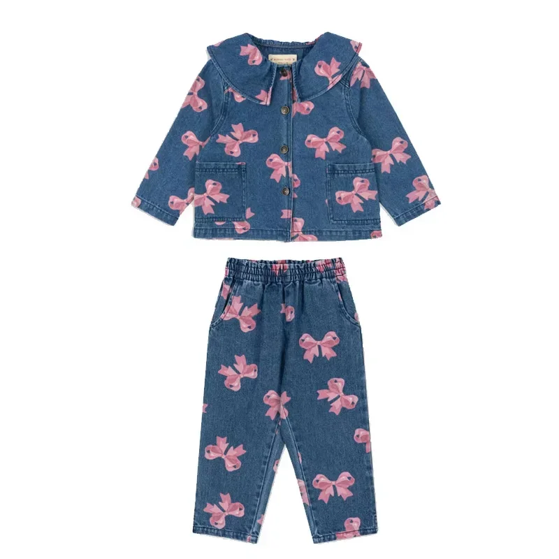 2025 جديد الدنيم الأطفال مجموعة KS لطيف القوس طباعة طفلة الدنيم فستان موضة الصبي الدنيم سترة بوتيك ملابس الأطفال