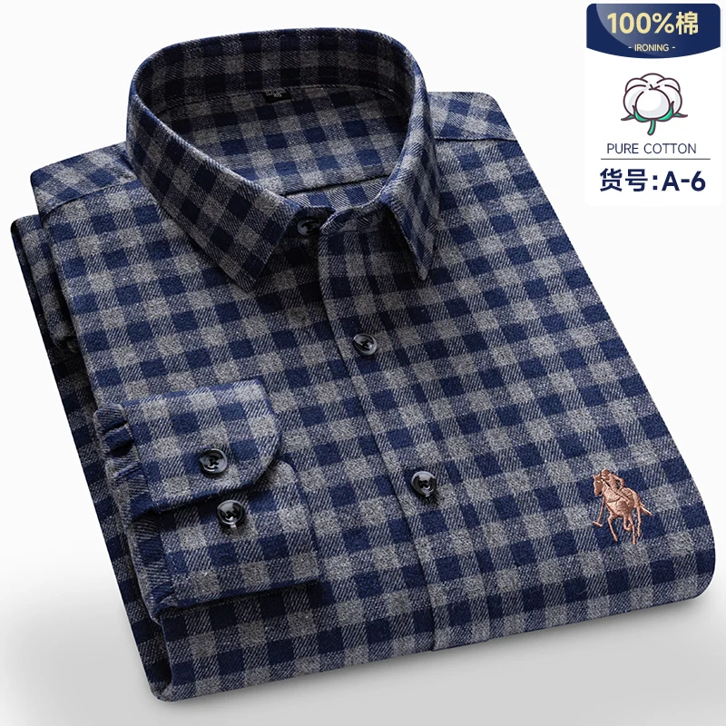 No Pockets M-7XL 100 Cotton Long Sleeve Shirt for Men Plaid Shirt Regular Fit Men Shirt Long Sleeve Male Social Formal Shirts