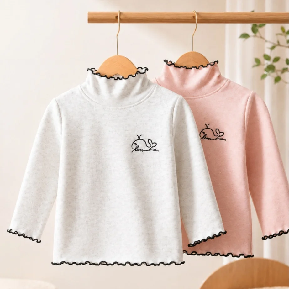 0-8Y Autumn Girls Long Sleeve Shirt Solid Kids Top Cartoon Embroidery Warm Child Base Layer Shirt Girls Tee Outwear Underwear