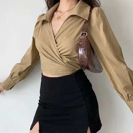 Sexy Lace-Up Shirt Irregular Solid Color V-Neck Long-Sleeved Women Clothing Simple Fashion Bow Slim Fit Women Top T-Shirt