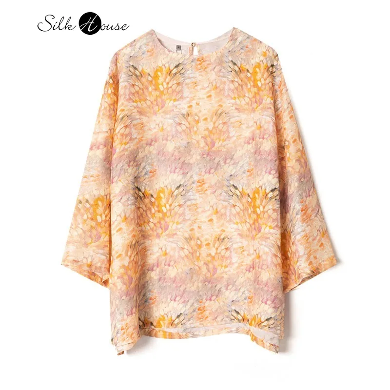 Early Autumn New Wheat Ear Flower Round Neck Versatile Temperament Comfortable 100% Natural Mulberry Silk Long Sleeved T-shirt