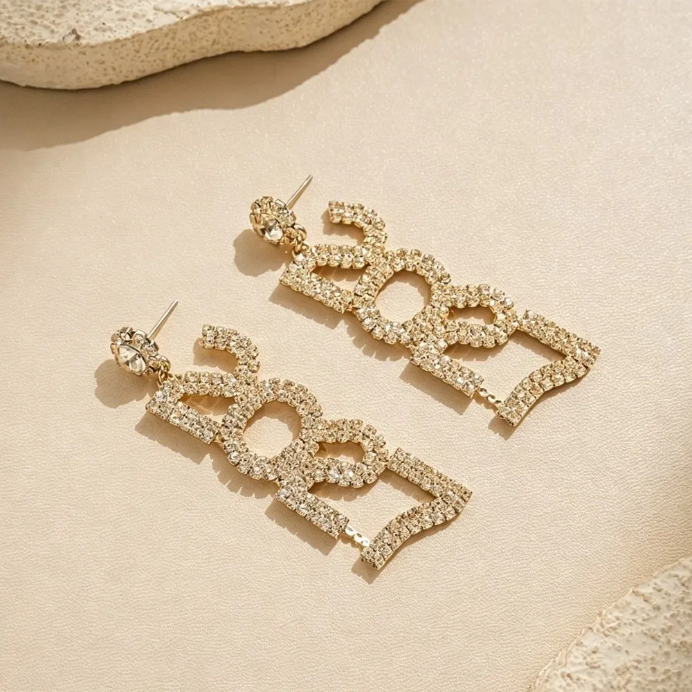 Jewelry Elegant 2027 Digital Earrings Rhinestone Long Drop Happy New Year Earrings Fashion Shiny Stud Earrings Christmas