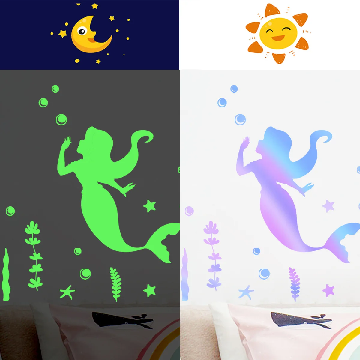 30*20cm Luminous Mermaid Seagrass Bubble Colorful Wall Sticker Backwall Living Room Room Decorative Mural  Wall Sticker Jdx8004