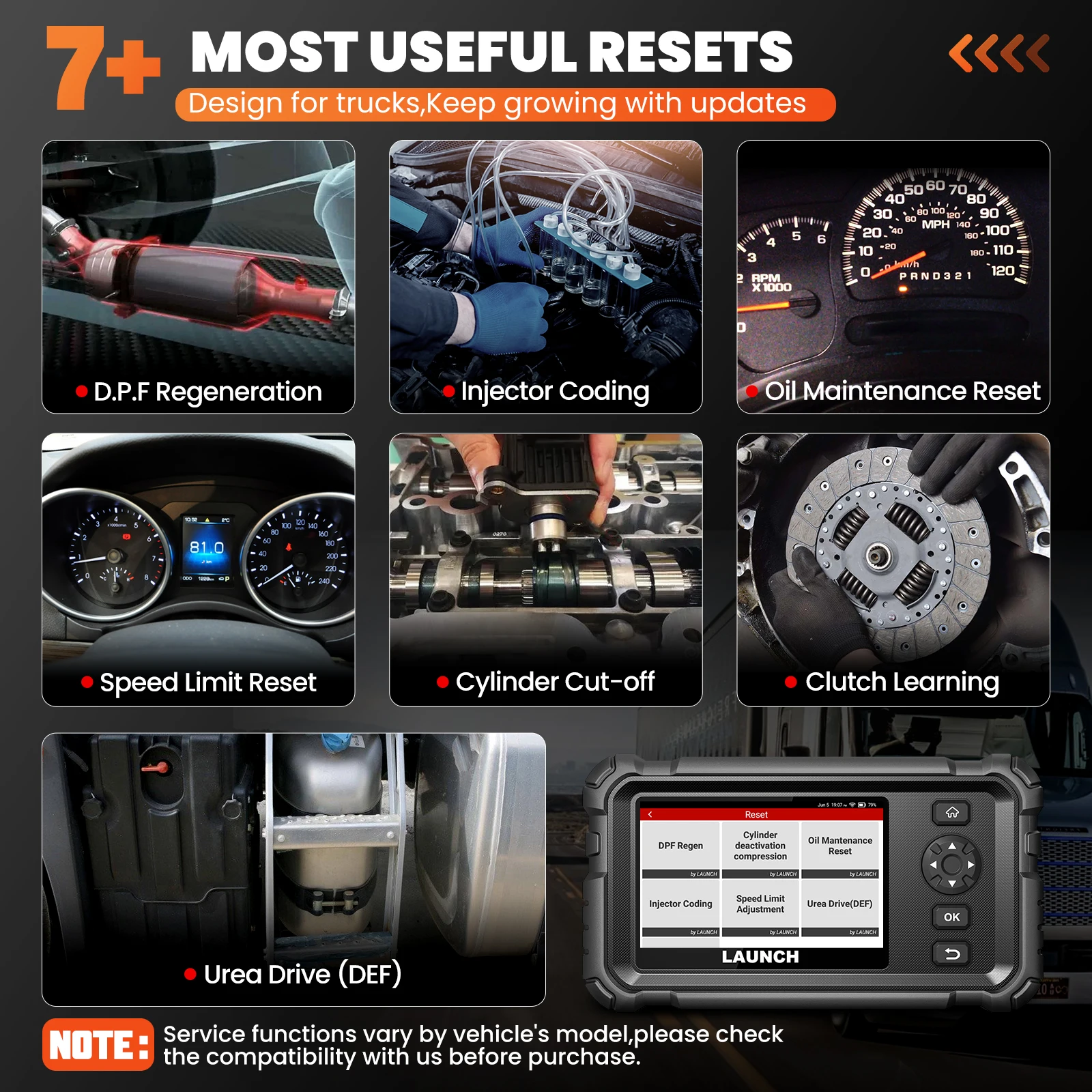 LAUNCH CRP129 HD الماسح الضوئي للشاحنة الثقيلة، أداة مسح الديزل بنظام كامل مع 7 إعادة إعدادات، قوة DPF Regen وإعادة الضبط، لشاحنة ثقيلة 24 فولت