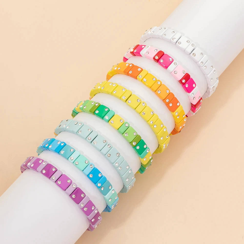 2023 New Trendy Enamel Colorful Beads Elastic Bracelet Set for Women Zirconia Bangle Women Jewelry Accessories Gift