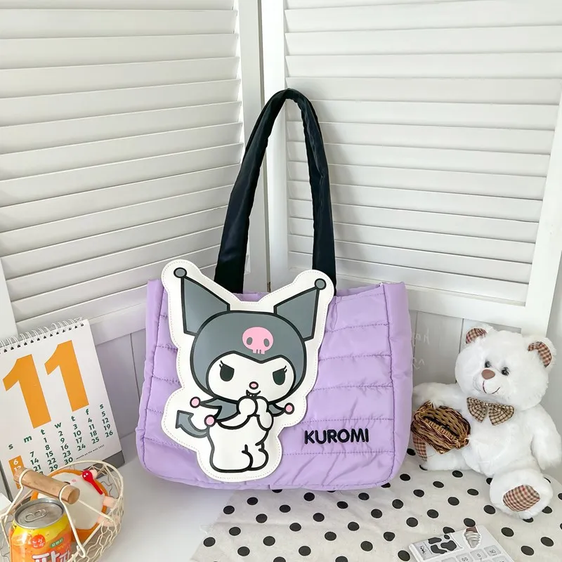 MINISO Sanrio New Cartoon Kuromi Down Fabric Torba na ramię o dużej pojemności Fashion Casual Cute Tote Bag