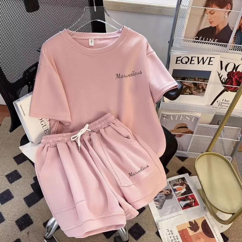 

Женский новый летний повседневный спортивный костюм для бега, корейская версия, свободные шорты в иностранном стиле с короткими рукавами, комплект из двух предметов Tide