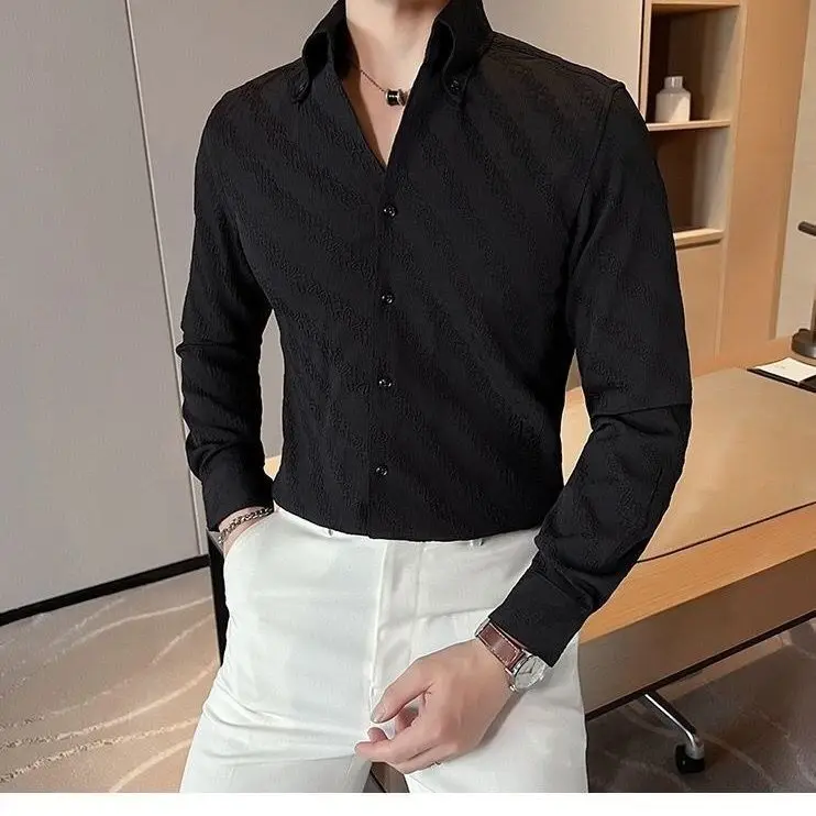 Spring Autumn New Fashion V-neck Long Sleeve Solid Color Blouse Men\'s Clothing Button Smart Casual Korean Slim Simplicity Shirts