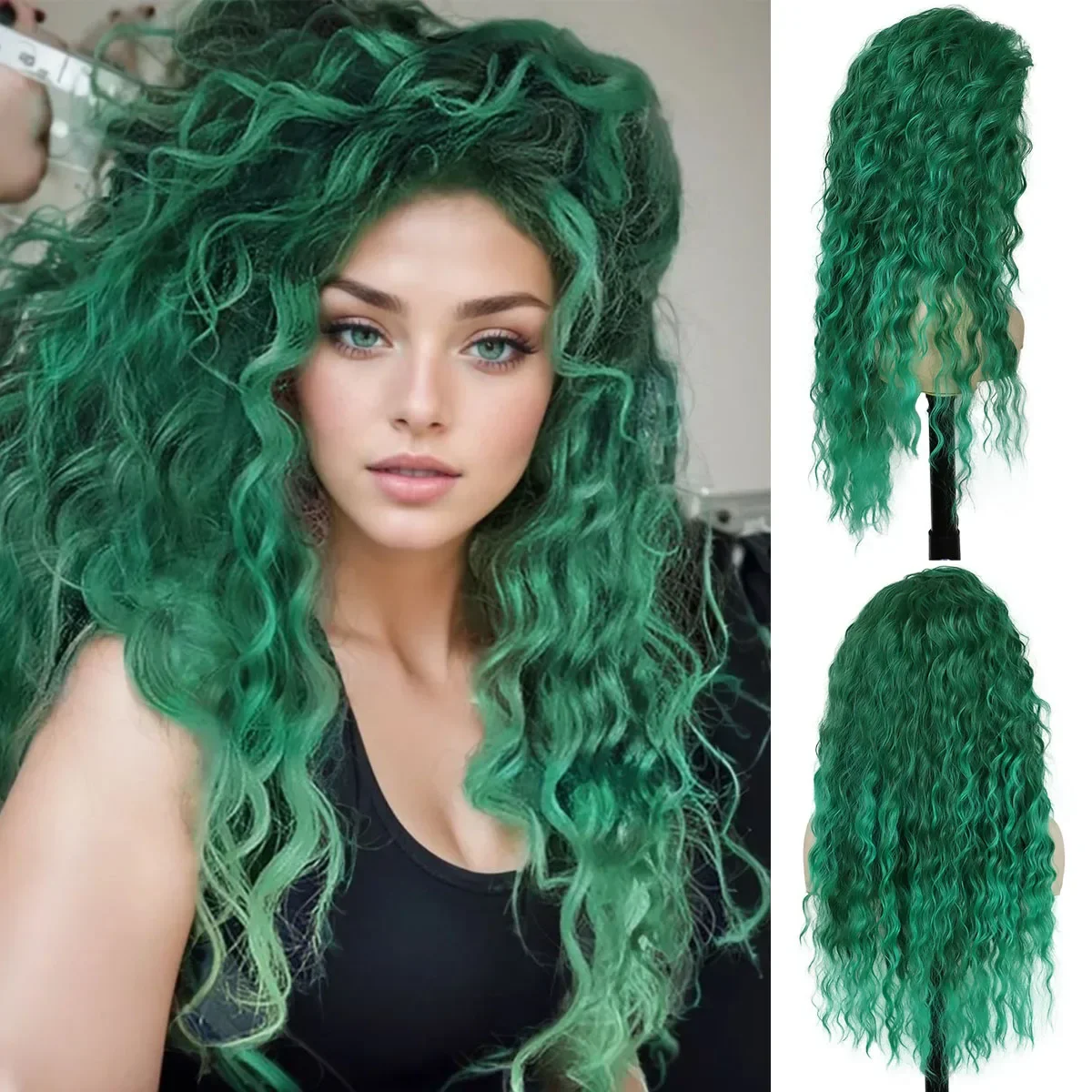 ? Akstore Long Curly Hair Women Green Heat Resistant 28-Inch 70cm Wig Cap Long Curly Wavy Forest Green Alpine Synthetic Wigs with  main image 2