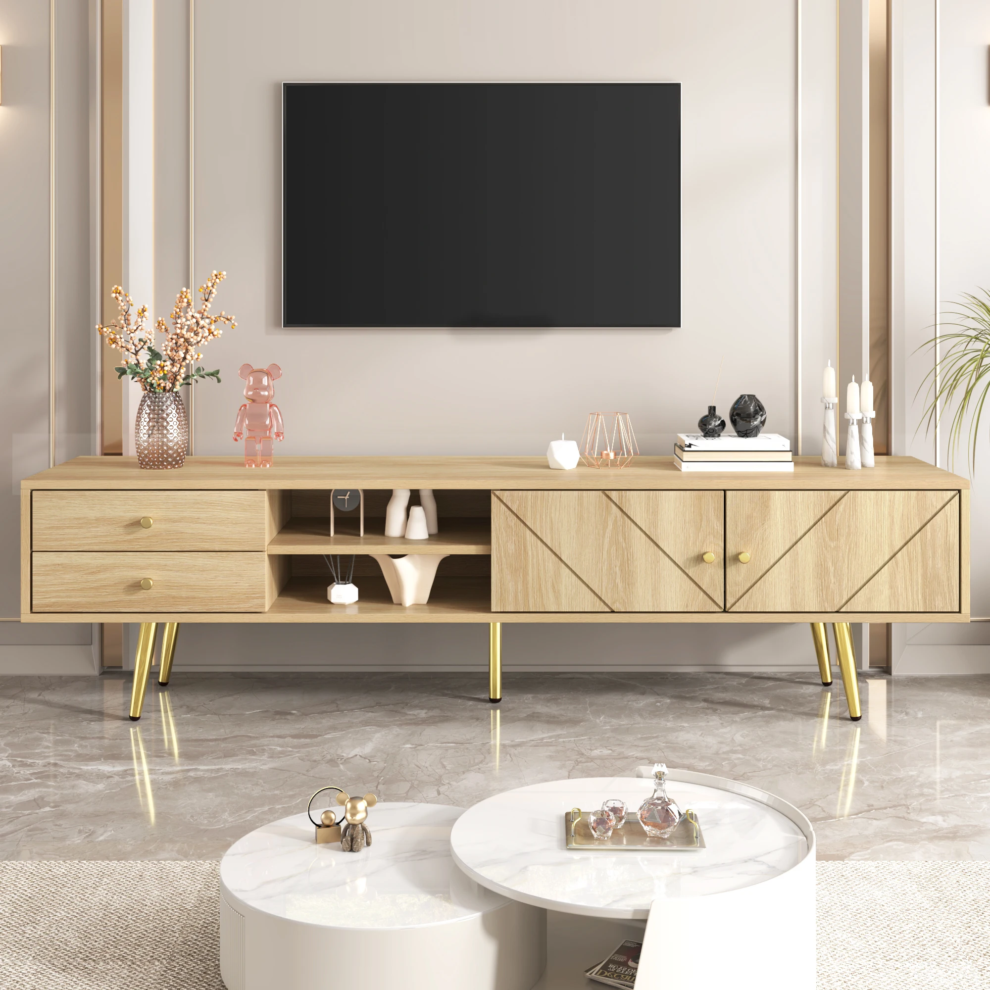 Tv wardrobe 160 cm with Gold Feed Two Drawers and Unique Designed Doors, Stylish Design, Diverse Storage