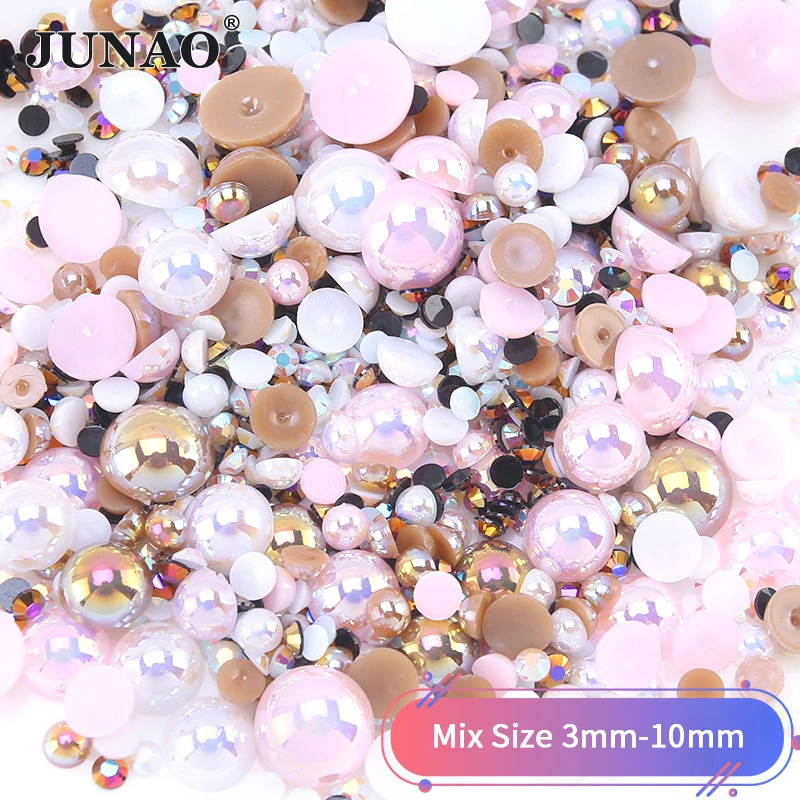 JUNAO 3mm-10mm 30g Mix Size Pink blue Color ABS Plastic Pearl Rhinestone Flatback Half Round Beads Glue On DIY Craft Decoration