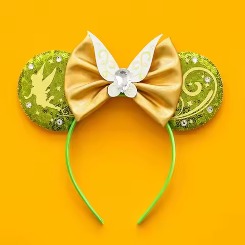 New Disney Tinker Bell Hairbands Grass Green Mickey Mouse Ears Headbands for Girls Kids Women Sequins Wings Bow Hair Accessories