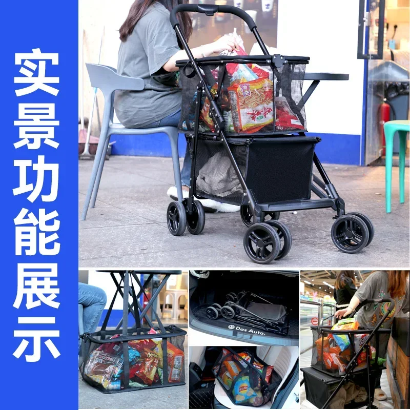 New Model Lightweight Supermarket Cheap Reusable Shopping Cart Hard Wearing Trolley Shopping Folding Cart