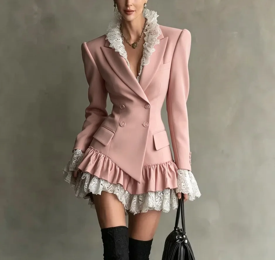 Vintage Victorian Lace Blazer Dress Double Breasted Ruffle Hem Long Sleeve Short Dress For Party Dating Club Streetwear