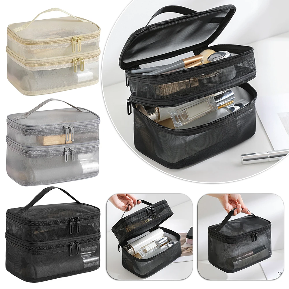 

Двухслойная сетчатая косметичка, женская портативная сумка-органайзер для косметики и туалетных принадлежностей с застежкой-молнией, большая косметичка для деловых поездок