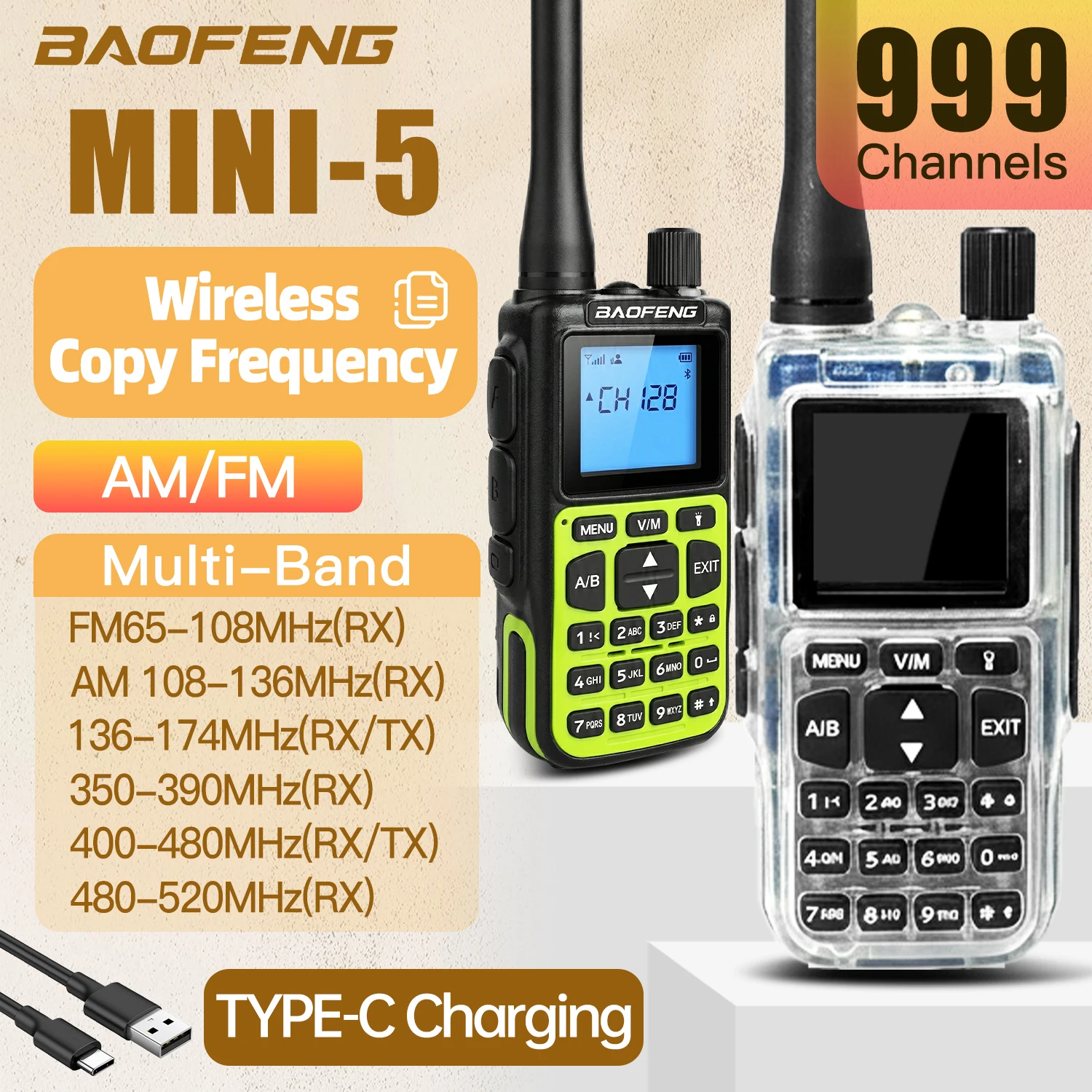 

1 шт. BAOFENG Walkie Talkie MINI 5, вседиапазонная рация с VOX FM, любительская радиостанция UV-5R Mini, обновленная версия с Bluetooth-программированием, дальнобойная рация для радиолюбителей