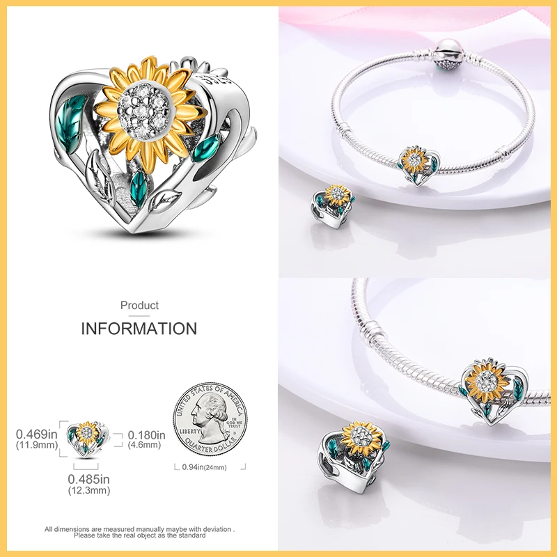 925 Sterling Silver Gold Color Series Heart Crown Sunflower Charms Beads Fit Qikaola 925 Original Bracelets DIY Jewelry