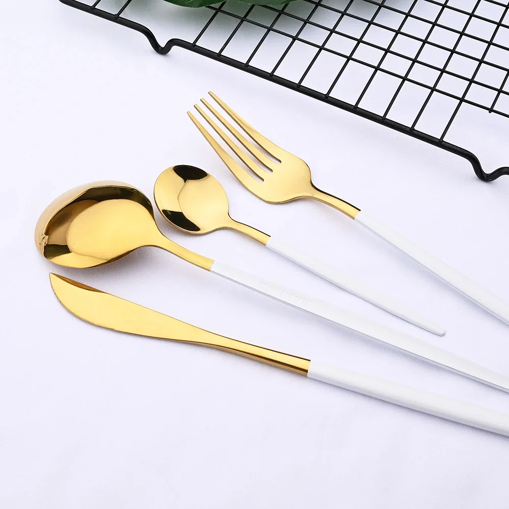 24pcs White Gold Dinnerware Set Stainless Steel Cutlery Wholesale