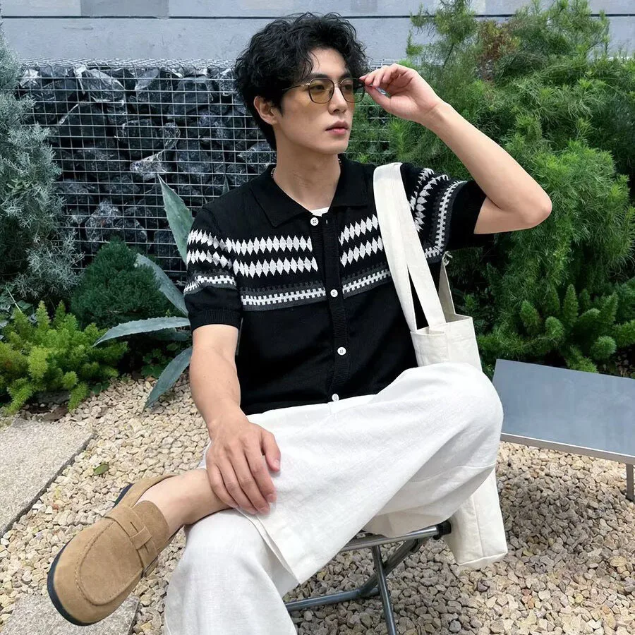 Summer Fair Isle Lapel Cardigan Short Sleeve Knit Polo Shirt Men's Premium Business Casual Top