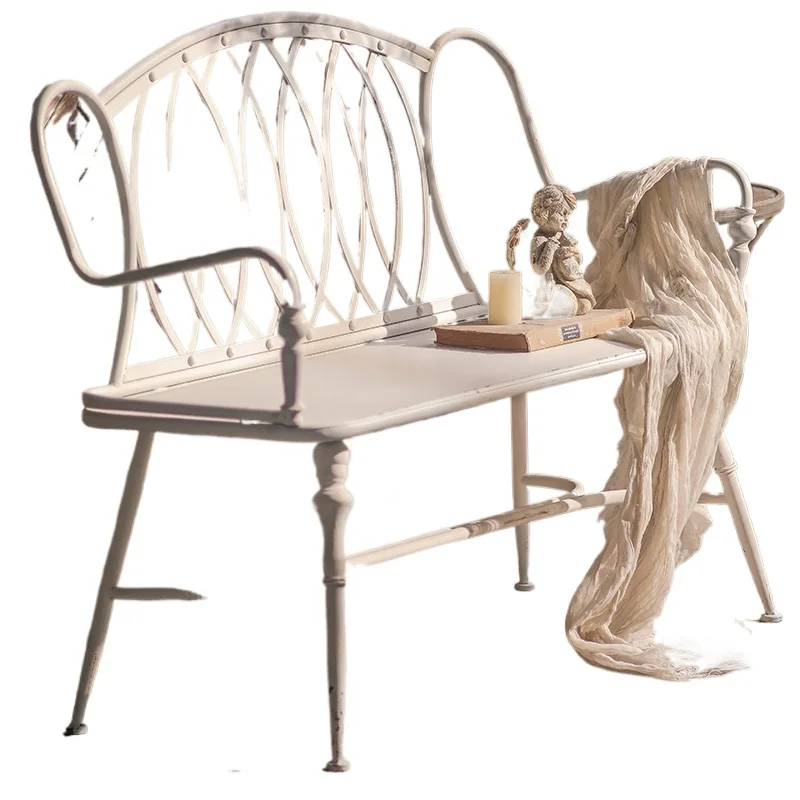 

French retro chair backrest home wrought iron outdoor balcony double chair white casual bench