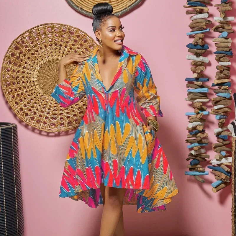 GUWU فستان قميص بأكمام طويلة مطبوع على شكل حرف a فضفاض غير رسمي بحاشية كبيرة أنيق بطول الركبة فستان نسائي ميدي ملابس الخريف