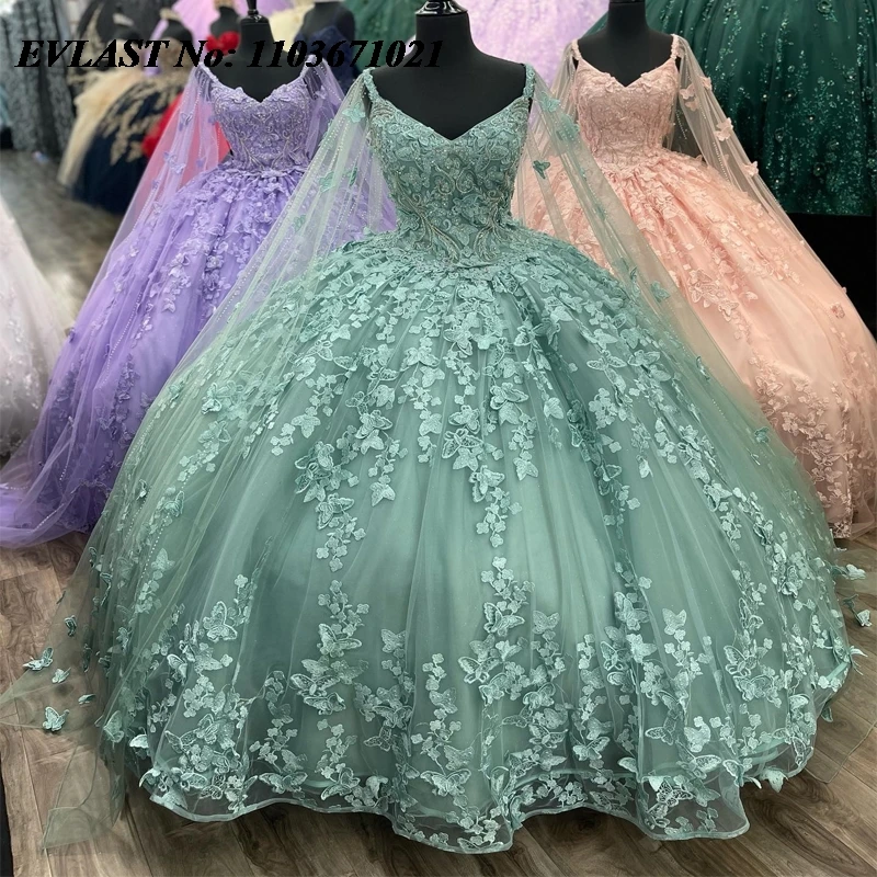 

EVLAST Sparkly Green Quinnceanera Dress Ball Gown Lace Applique Beaded With Cape Mexican Sweet 16 Vestidos De 15 Anos SQ527