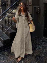 Oymimi Casual Khaki Cotton Women's Dress Fashion Lapel Short Sleeve Single Breasted Dresses Elegant Pockets Floor-Length Dresses