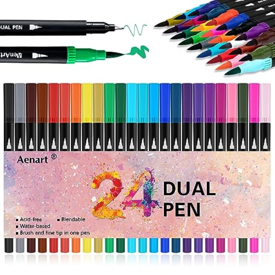 Dual Brush Markers for Adult Coloring Books, 24 Colored Fine Point Marker Pen for Note taking Planner Hand Lettering Calligraph