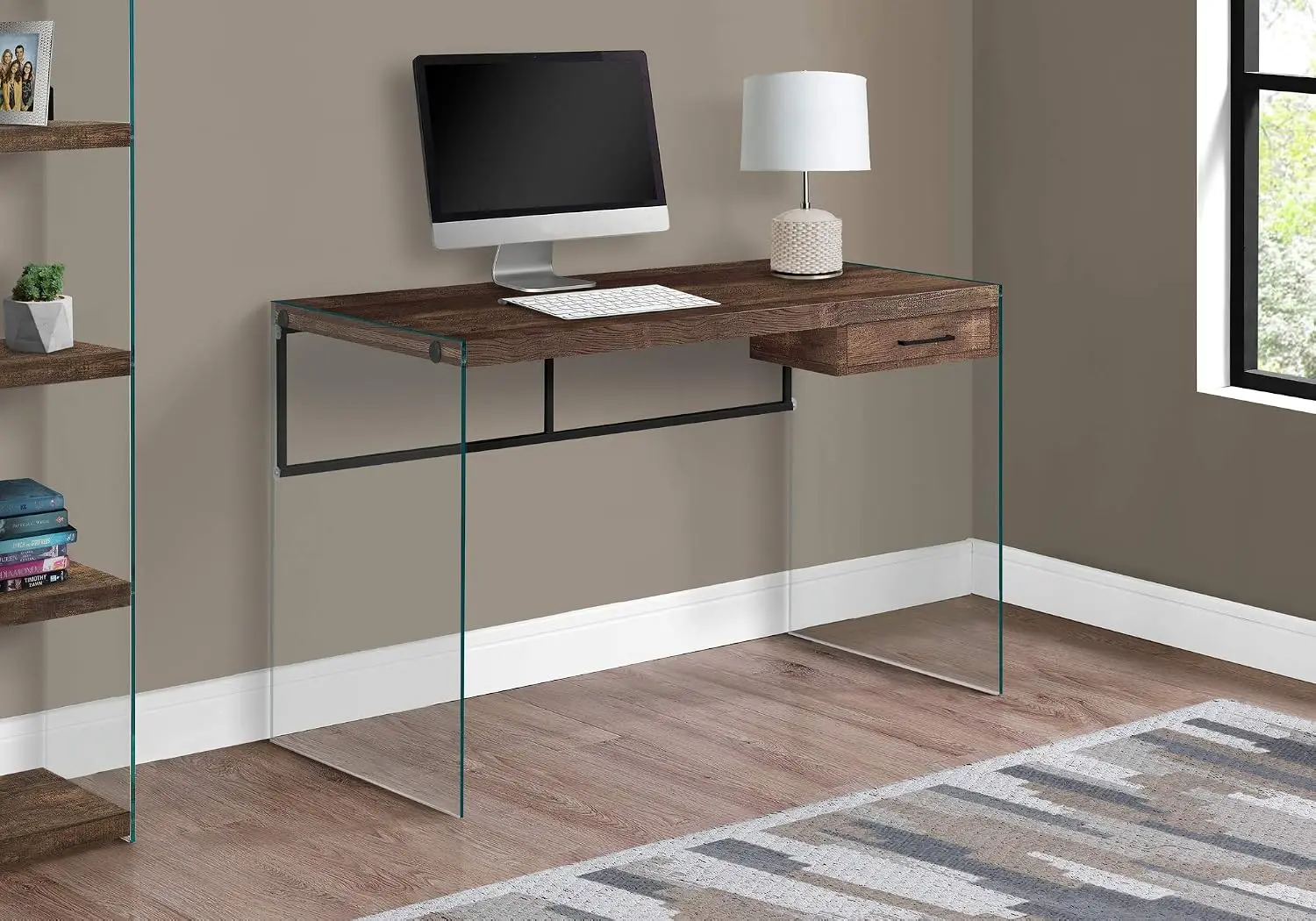Contemporary Writing Desk With Drawer Tempered Glass Legs 48