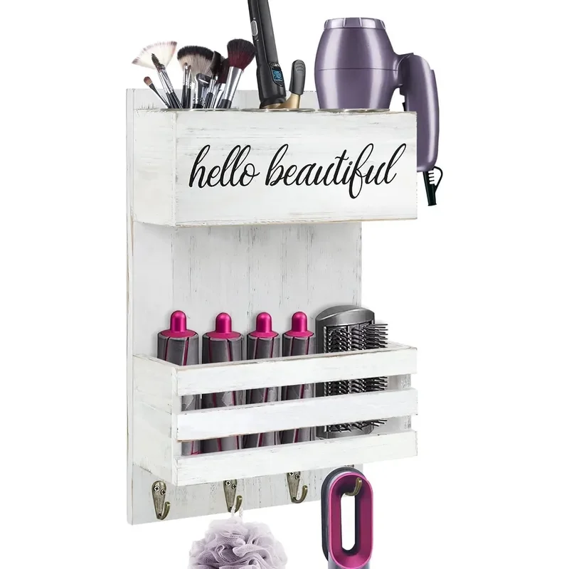 Wall Mounted Solid Wood Hair Dryer Rack Bathroom Styling Tool Organizer Living Room Storage Shelf for Hair Care Accessories